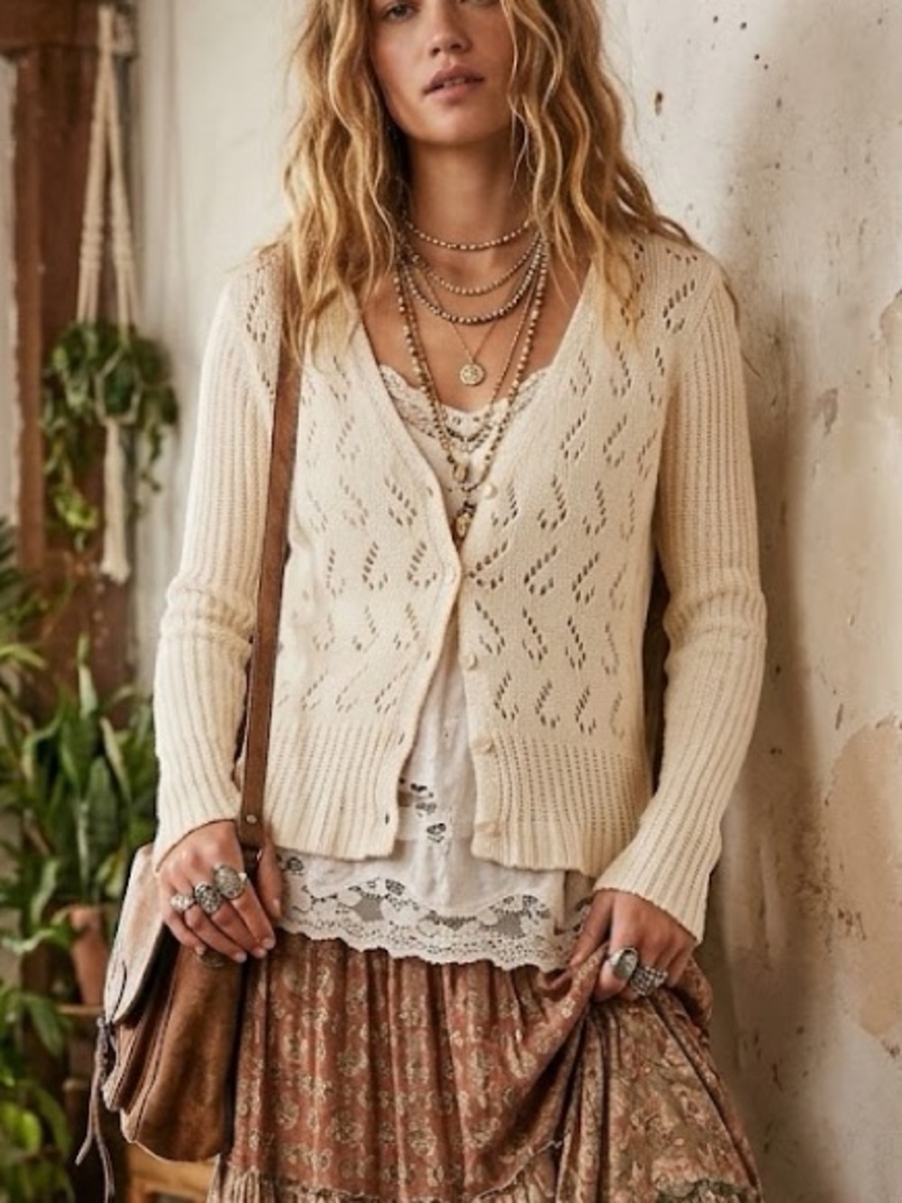 VTG Cream Pointelle Knit Cardigan Sweater Angora Wool Blend L Bohemian Westcoast